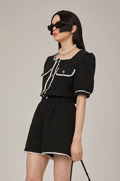 High-Waisted Lace Trim Tweed Shorts
