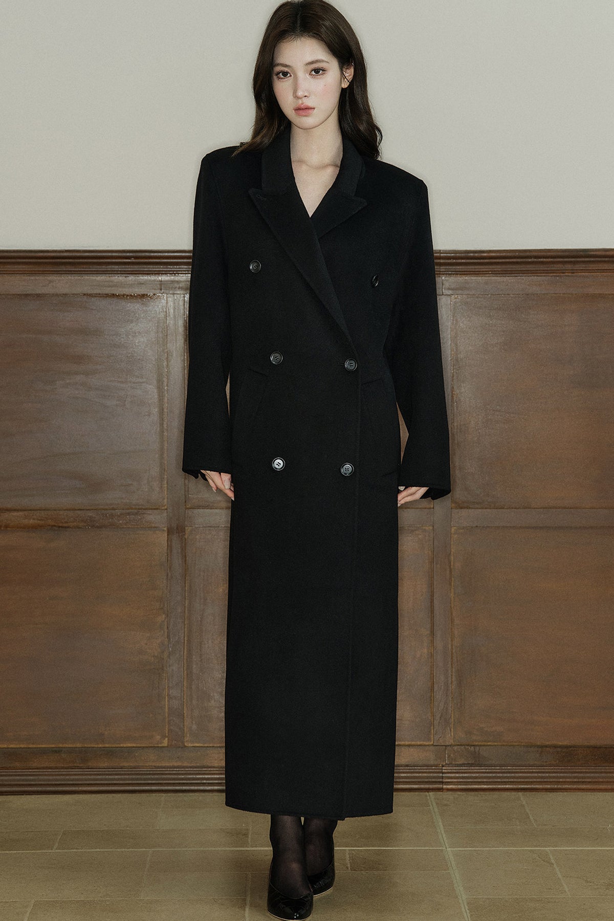 Double Breasted Notch Lapel Long Wool Coat