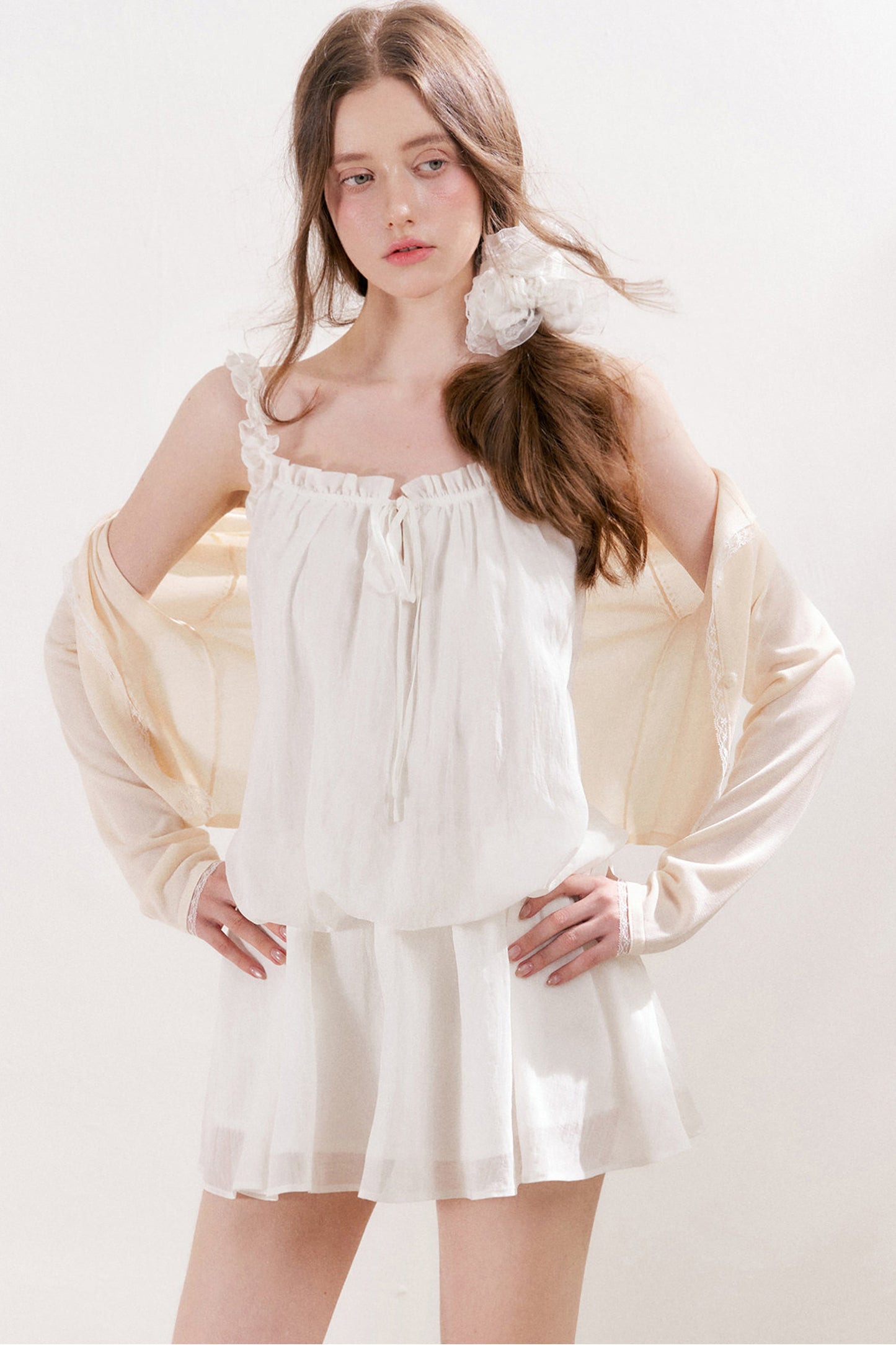 French Style Puff Sleeve Ruffle Trim Cardigan and Dress Set