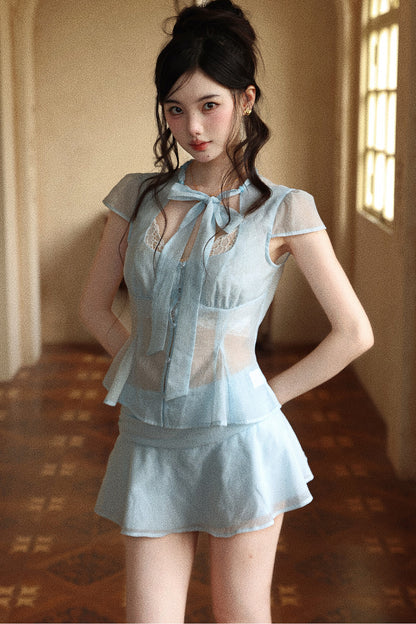 Light Blue Double Layer Chiffon Ruffle Skirt