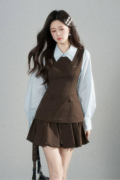 Preppy Layered-Look Striped Shirt Dress