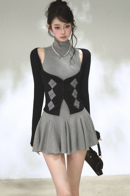 Vertical Striped Diamond Knit Cardigan and Ruffled Dress Set-Up
