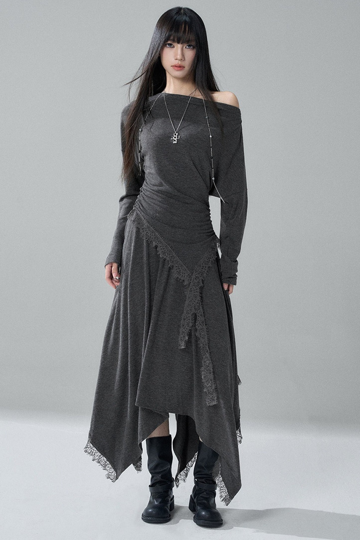 Gray Off-Shoulder Top and Irregular Hem Skirt Set-Up