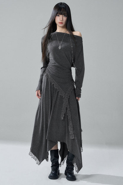Gray Off-Shoulder Top and Irregular Hem Skirt Set-Up