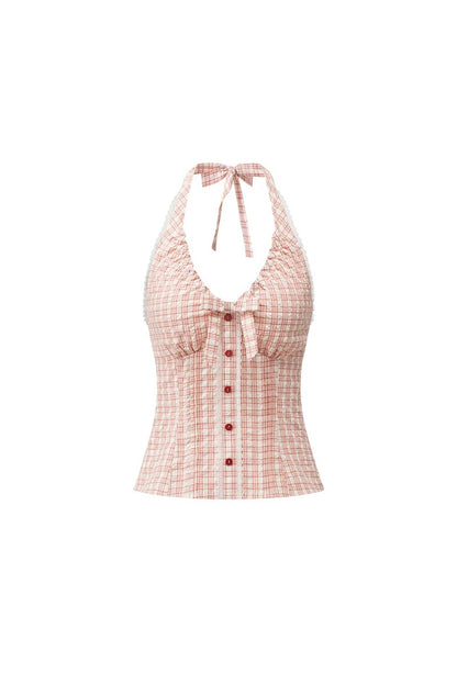 Gilet halter scozzese con fiocco