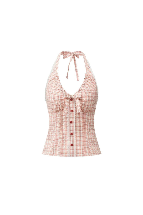 Chaleco halter de cuadros con lazo