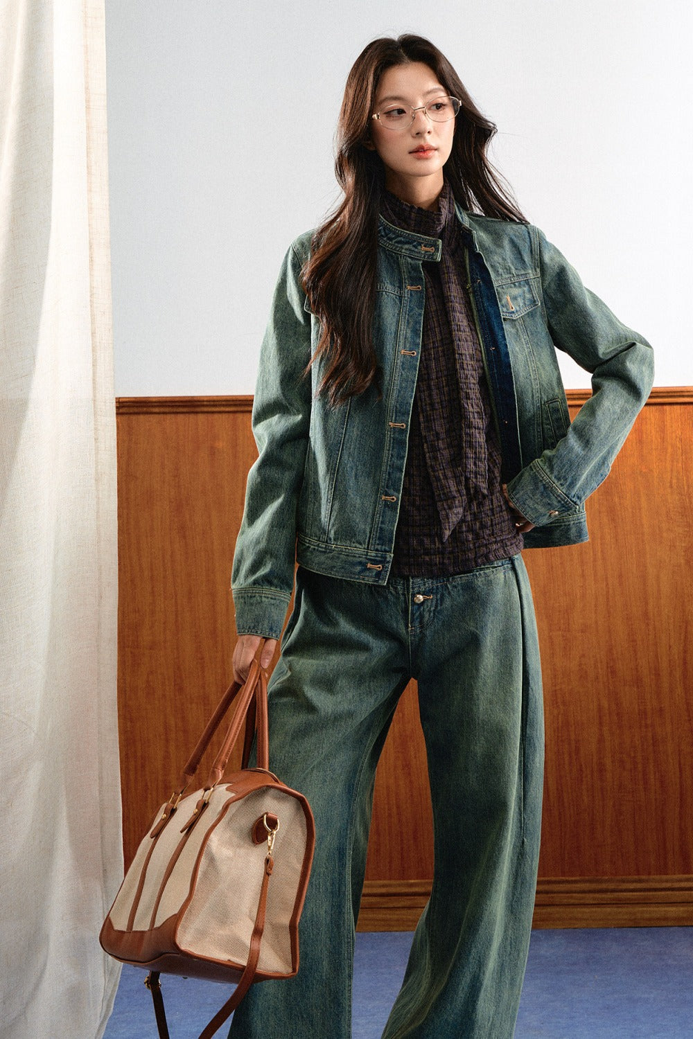 Retro Washed Denim Top and Wide-Leg Pants Set-Up