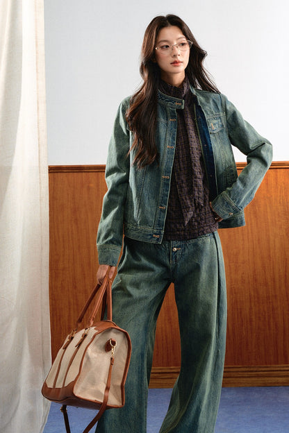 Retro Washed Denim Top and Wide-Leg Pants Set-Up