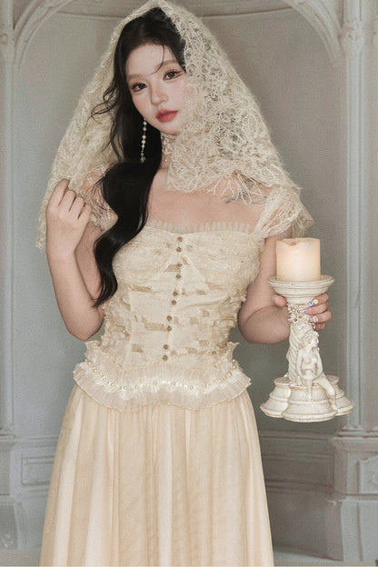 Spliced Pleated Mesh Lace Tube Top