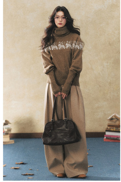 Khaki Wide-Leg Casual Pants