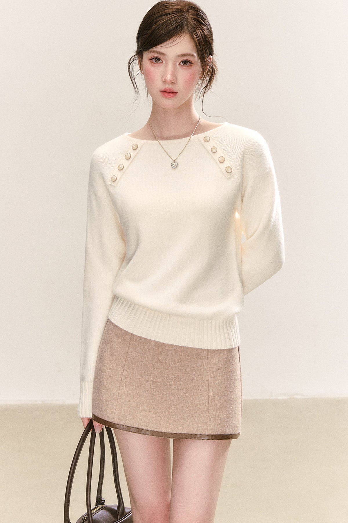 Diagonal Button Round Neck Knit Sweater