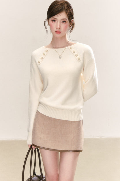 Diagonal Button Round Neck Knit Sweater