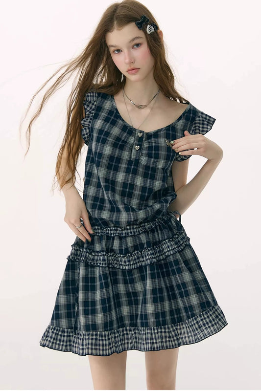 Dark Blue Plaid Flutter-Sleeve Dress