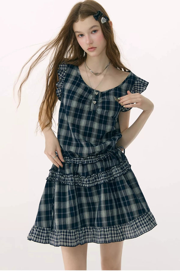 Vestido Azul Marino a Cuadros con Mangas Volantes