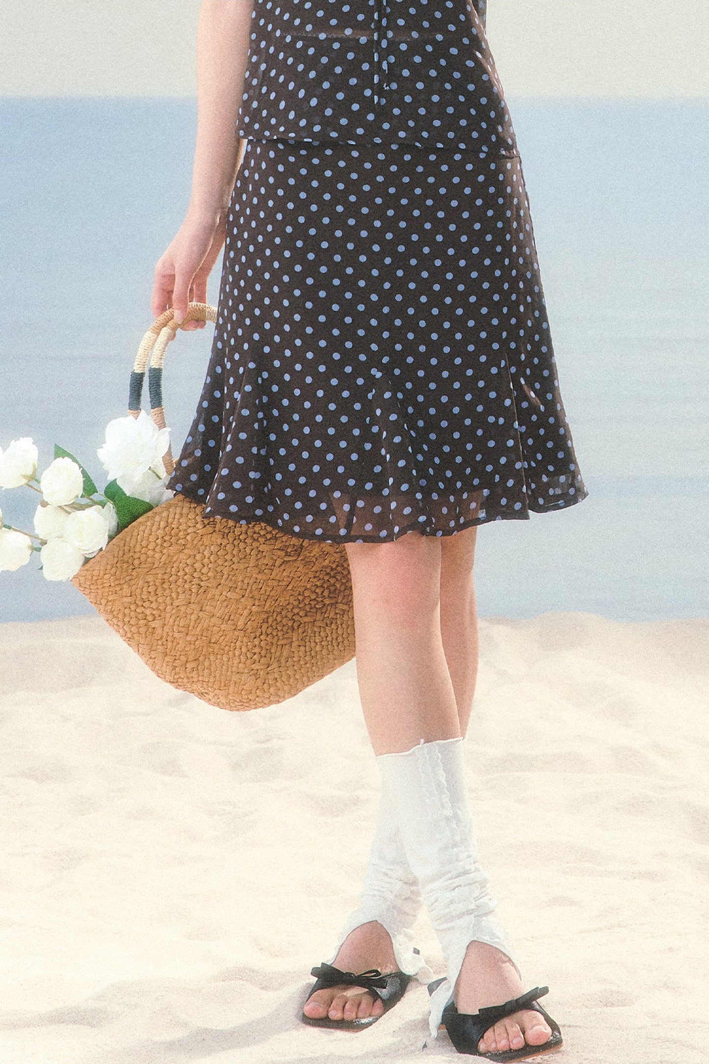 High-Waisted Chiffon Polka Dot Fishtail Skirt