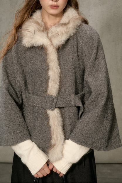 Floral Fur Collar Woolen Cape