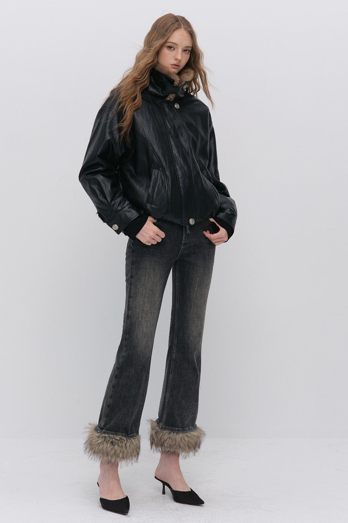 Textured Leopard Fur Collar PU Jacket
