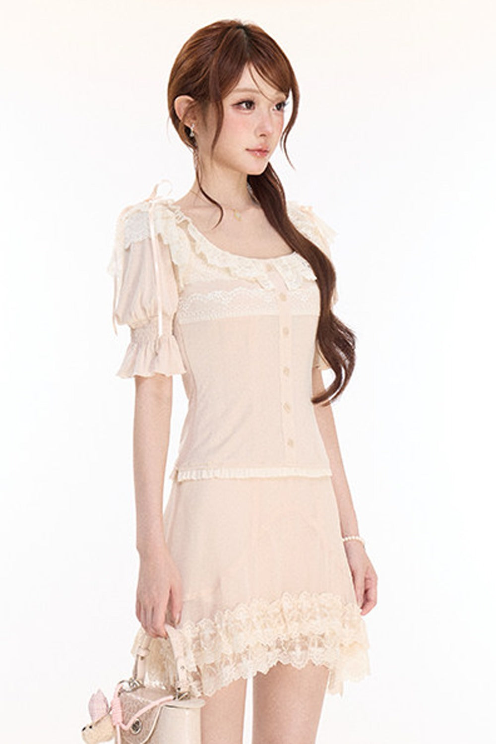 Floral Lace Lantern Sleeve Top and Chiffon Skirt Set-Up