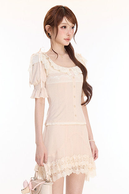 Floral Lace Lantern Sleeve Top and Chiffon Skirt Set-Up