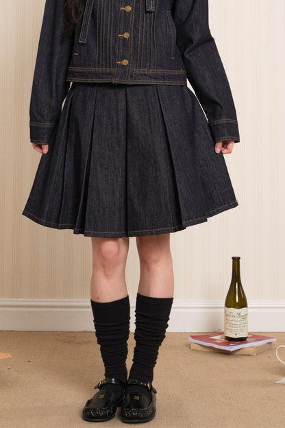 Washed Denim Pleated A-Line Skirt