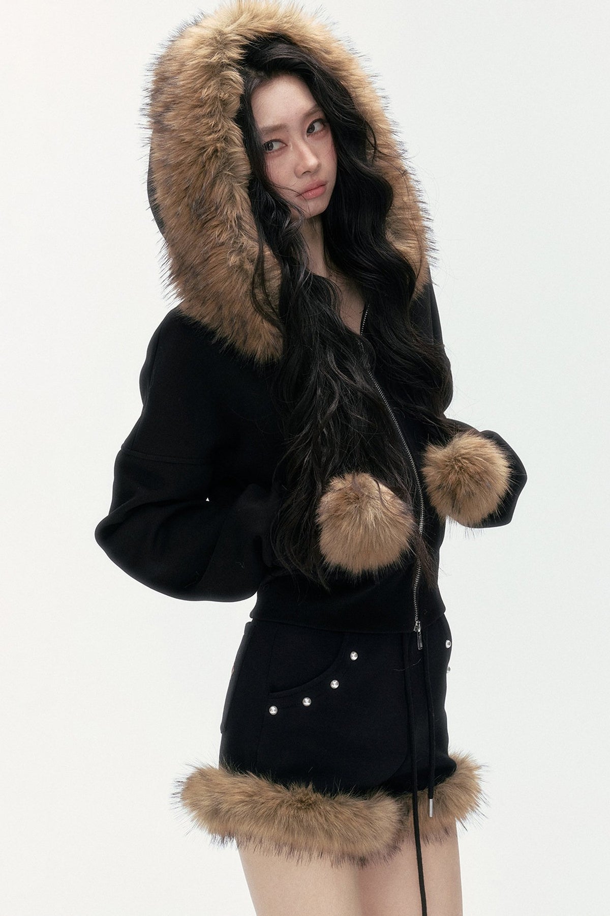 Studded Embroidered Detachable Fur Collar Sweatshirt And Shorts Set-Up