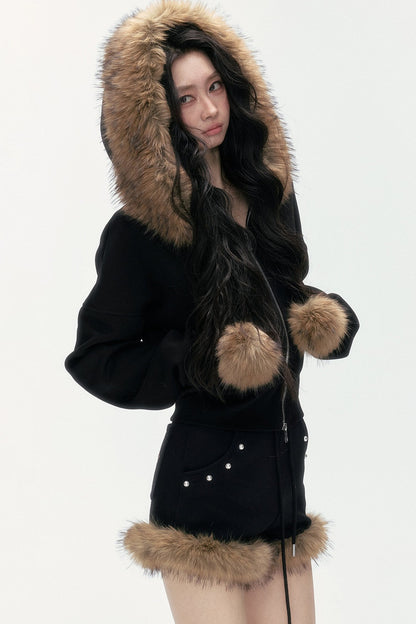 Studded Embroidered Detachable Fur Collar Sweatshirt And Shorts Set-Up