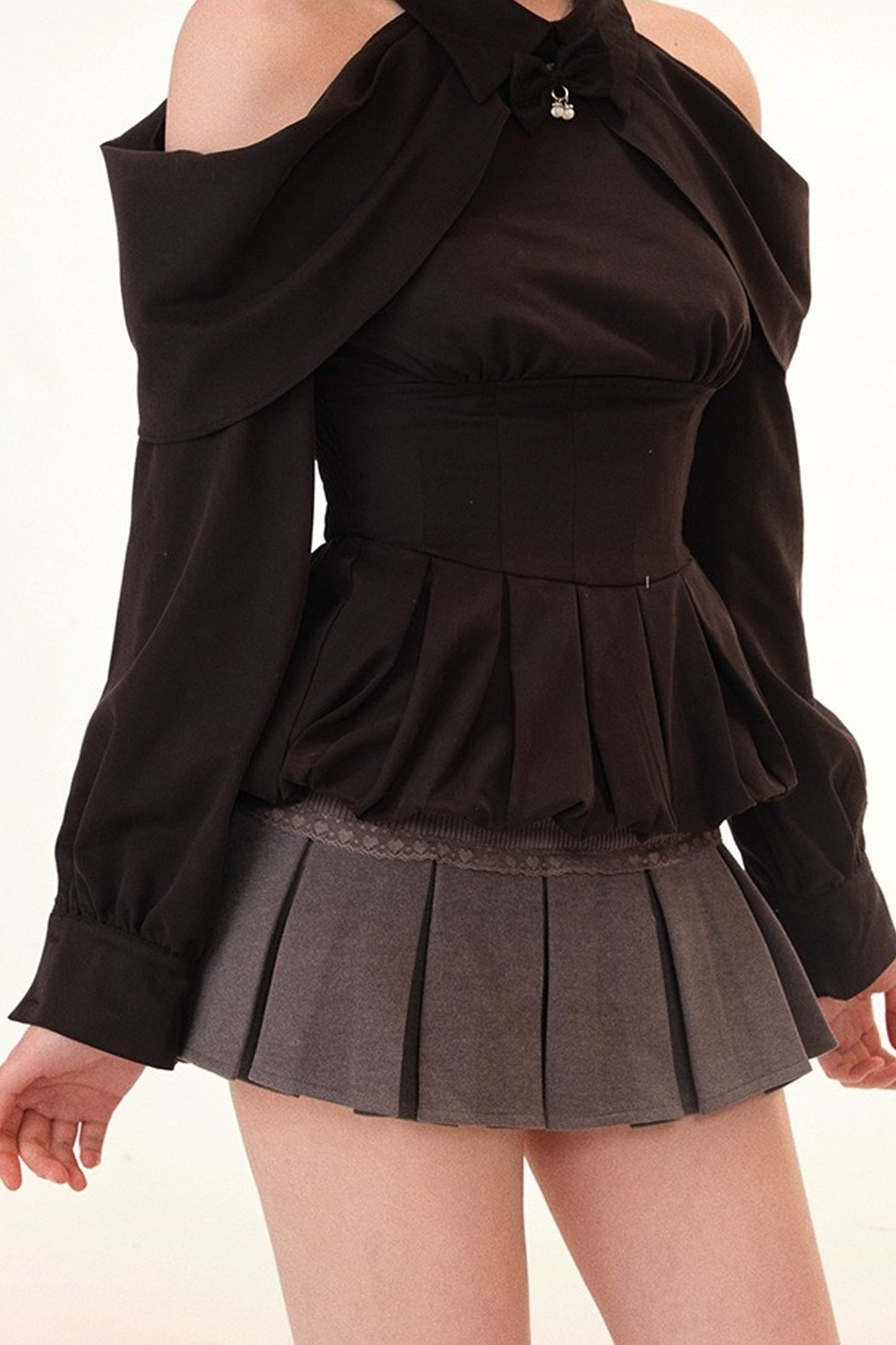 Black Shirt and Gray Pleated Skirt Set-Up