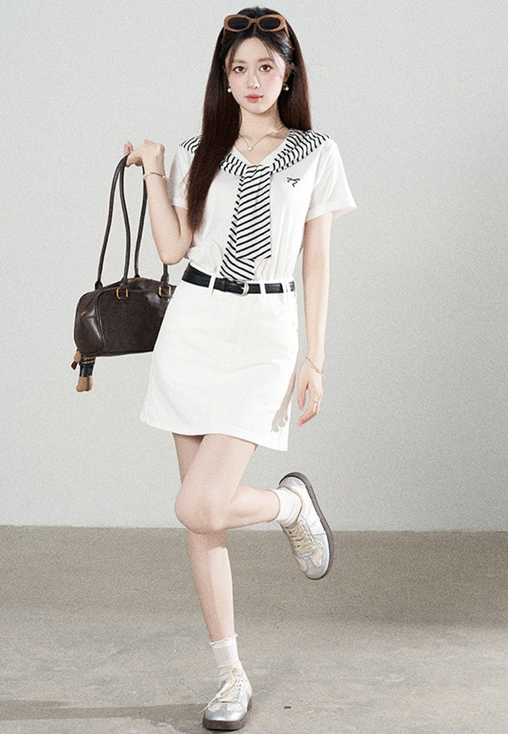 Loose Short-Sleeved Striped Shawl T-Shirt and Denim Skirt Set-Up