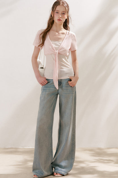 Silver Embellishment Straight Wide-Leg Loose Jeans
