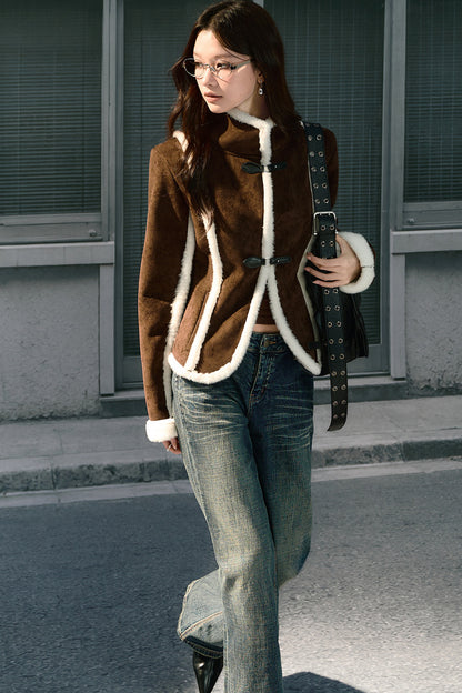 Brown Stand Collar Shearling Jacket