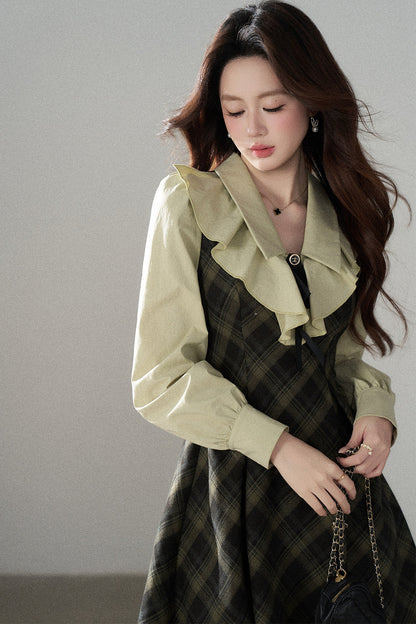 Green Long-Sleeve Layered-Look Dress