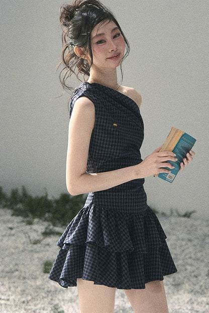 Moonlight Plaid Off-Shoulder Dress