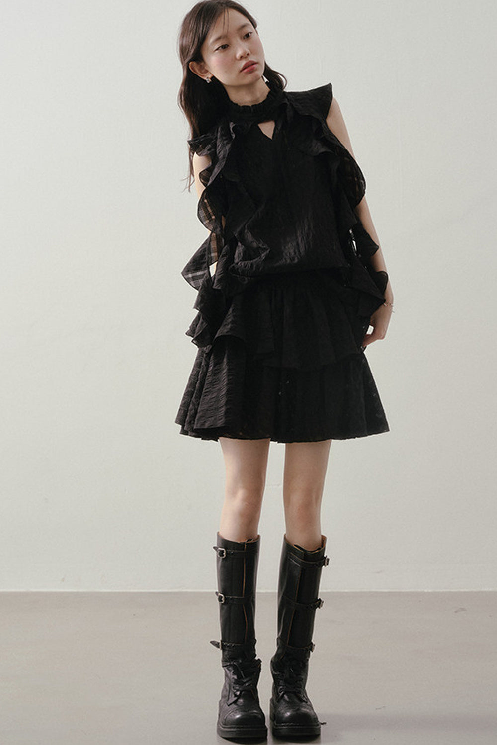 Textured Ruffle Collar Top And A-Line Skirt Set
