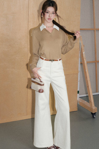 Light Camel Lapel Knit Top and White Pants Set-Up