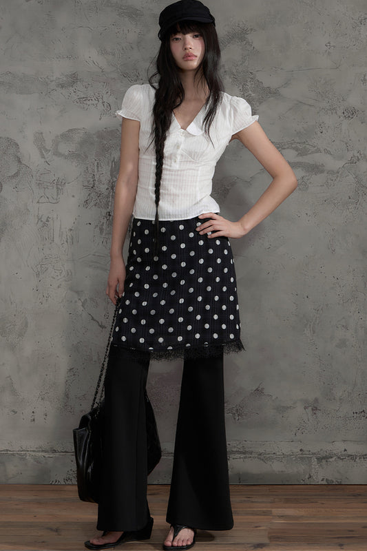 Collar Textured Blouse and Polka Dot Skirt Set-Up