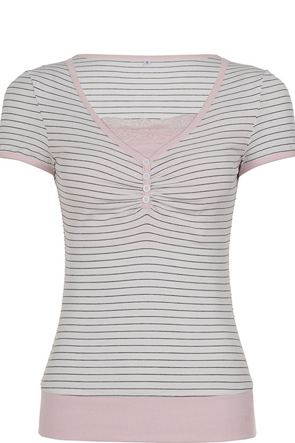 Striped 3-Button Lace Trim Henley Short Sleeve Top