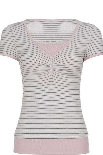 Striped 3-Button Lace Trim Henley Short Sleeve Top
