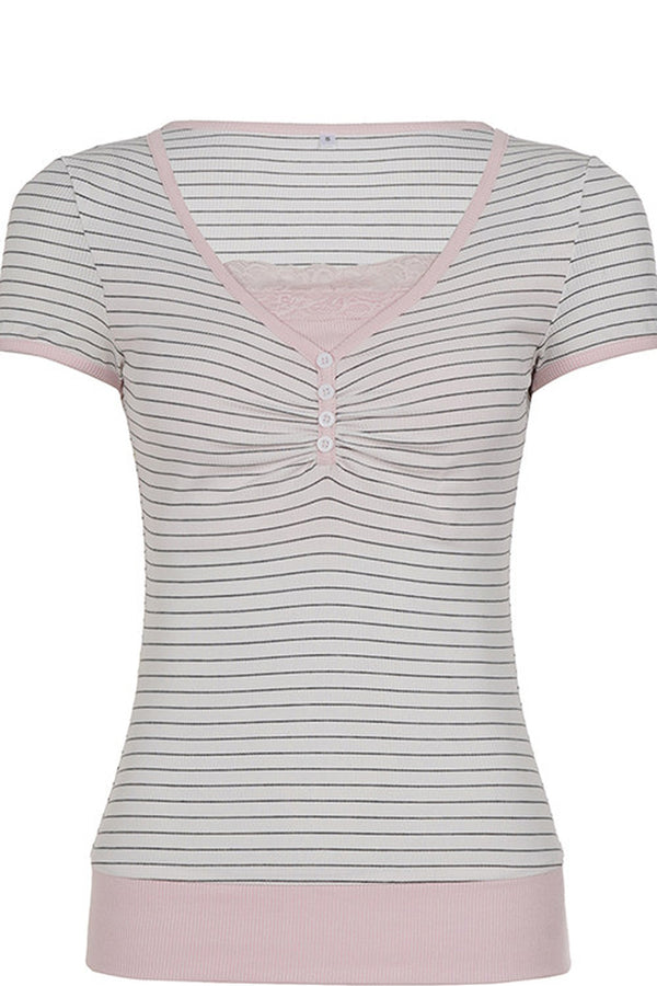 Striped 3-Button Lace Trim Henley Short Sleeve Top