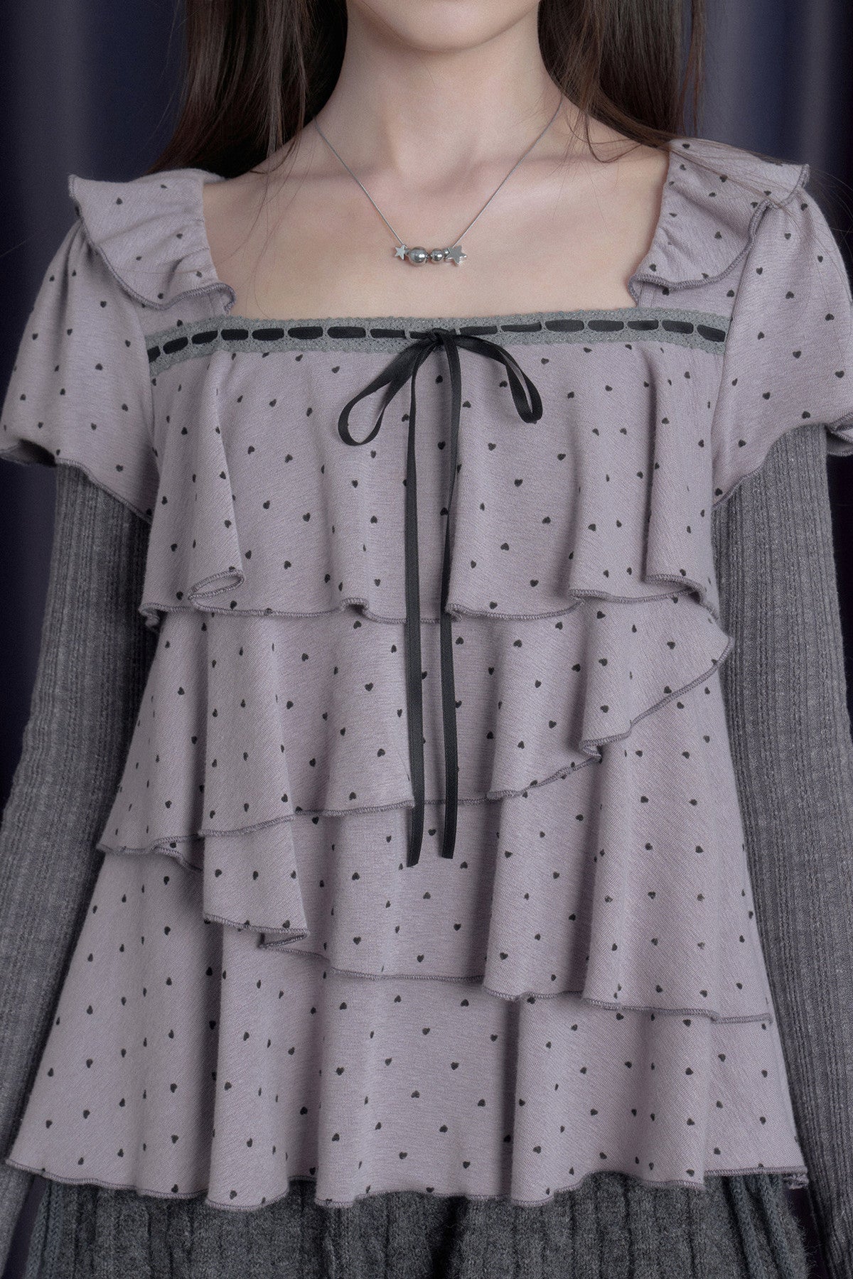 Long-Sleeved Gray-Purple Cake-Style Knit Top