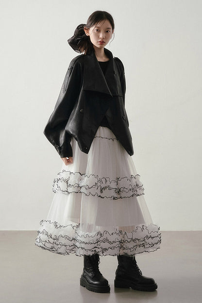 White Puffy Black Ruffle Stitching Skirt