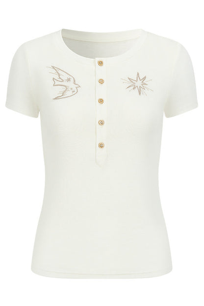 Embroidered Lyocell Henley Top