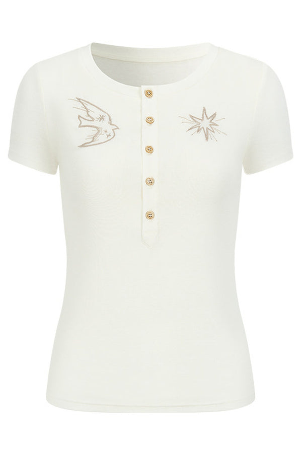 Embroidered Lyocell Henley Top