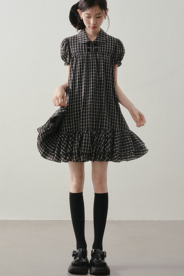 Plaid Doll Collar Puff Sleeve Ruffle Dress