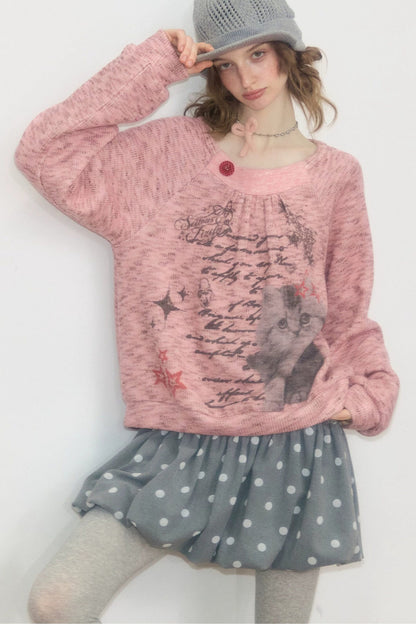 Distressed Cat Print Sweatshirt