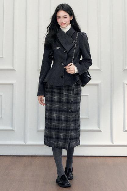 Turn-Down Collar Woolen Blazer and Hip-Hugging Long Skirt Set-Up