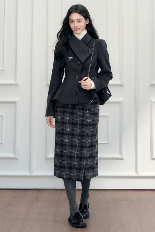 Turn-Down Collar Woolen Blazer and Hip-Hugging Long Skirt Set-Up