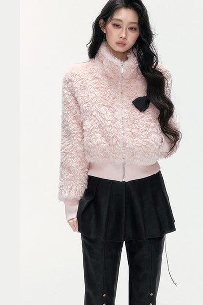 Pink Faux Lamb Wool Jacket and Pants Set-Up