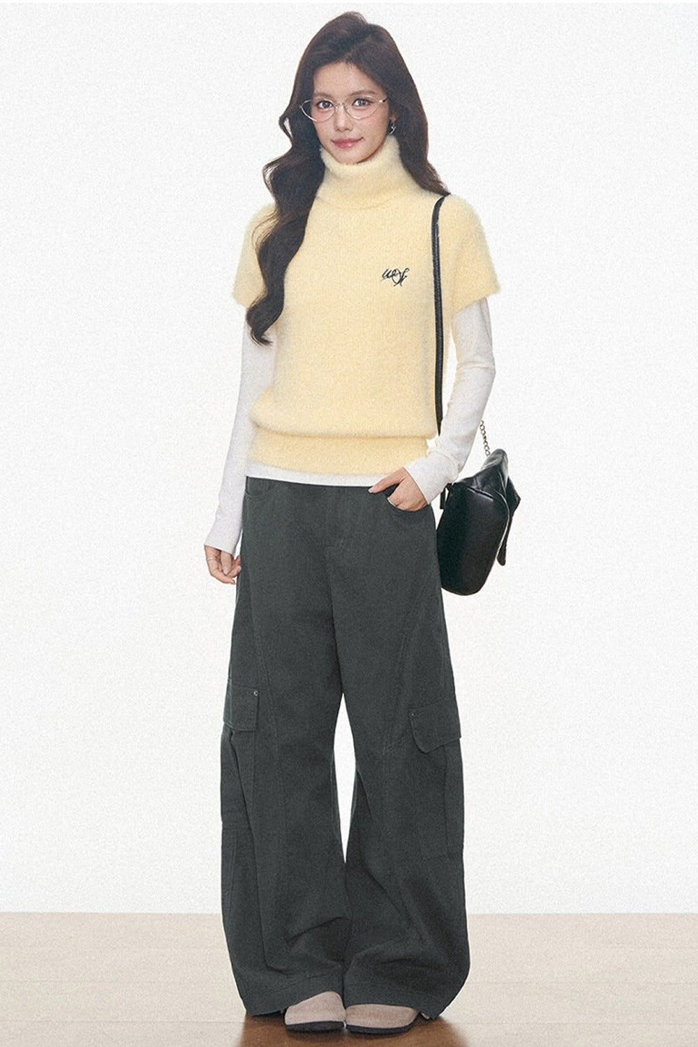 Faux Mink Turtleneck Sweater With Plaid Midi Skirt and Pants Set-Up