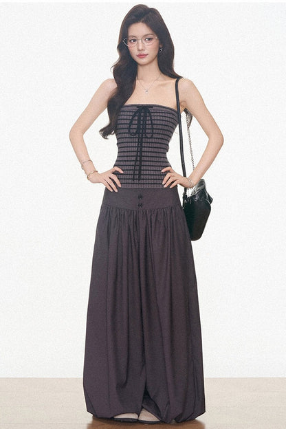 Knitted Cardigan and Tube Top and Lantern Pants Set-Up