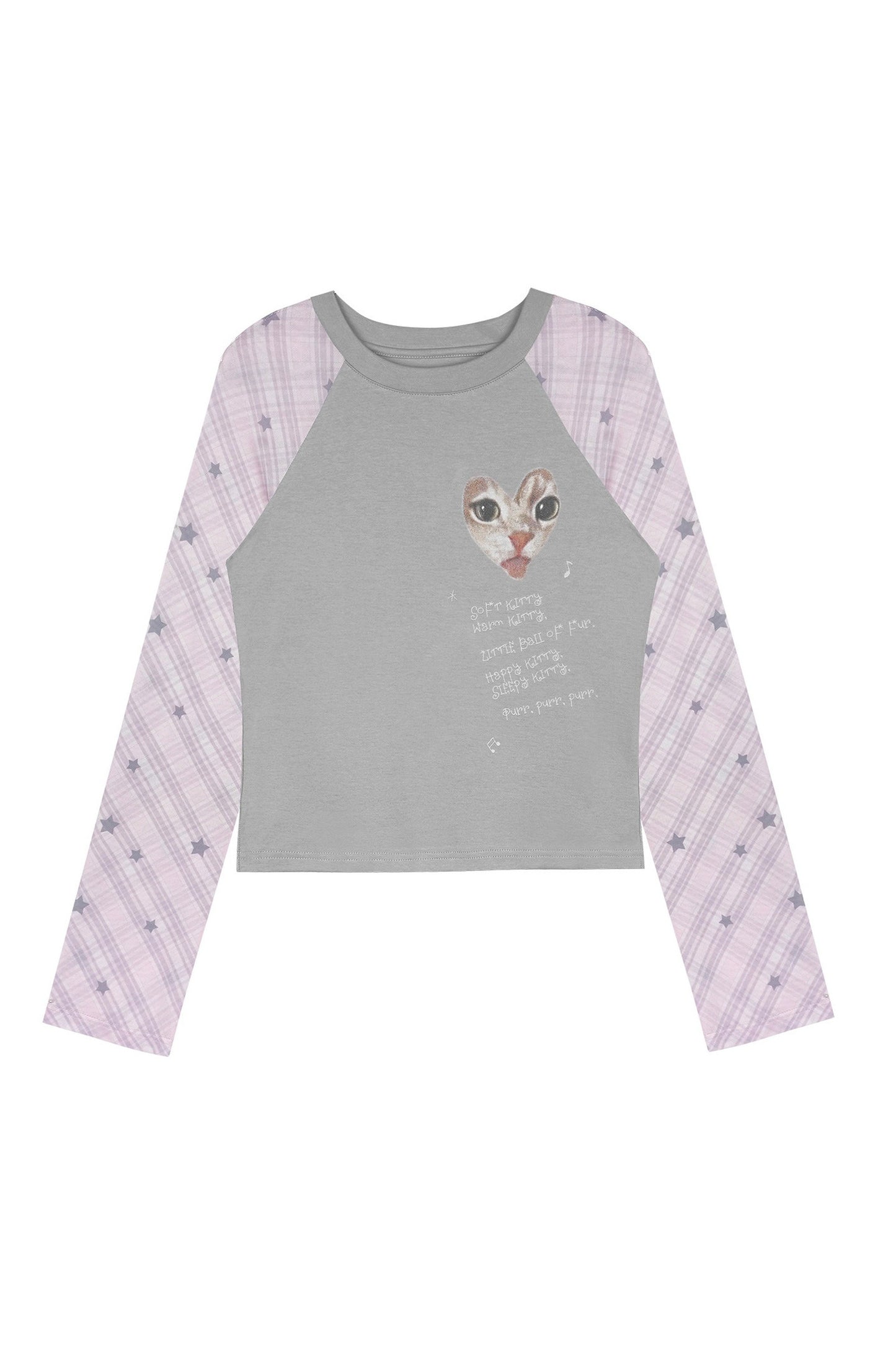 Gray Pink Cat Print Raglan T-shirt